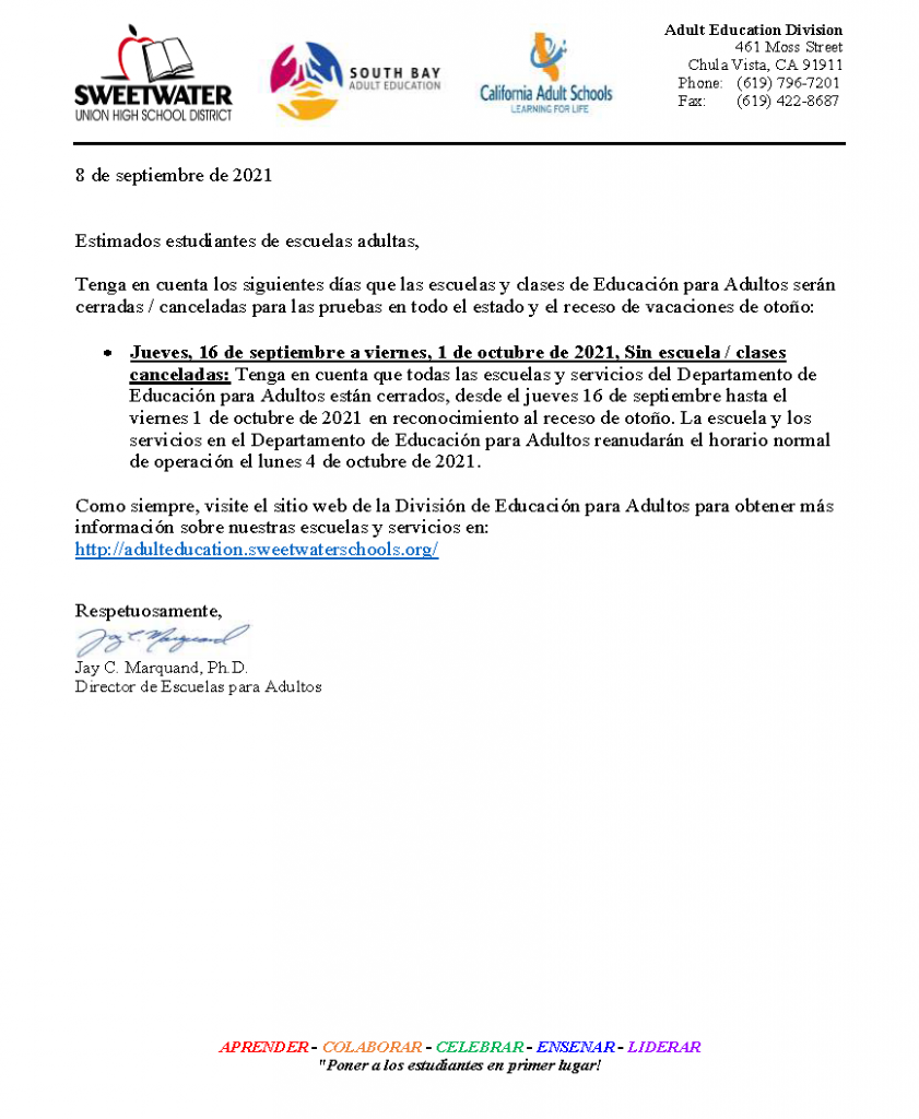 Fall Break 2021 letter to students in Spanish