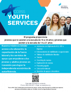 Access Youth Services for out-of-school youth ages 16-24 and in-school youth ages 14-21
