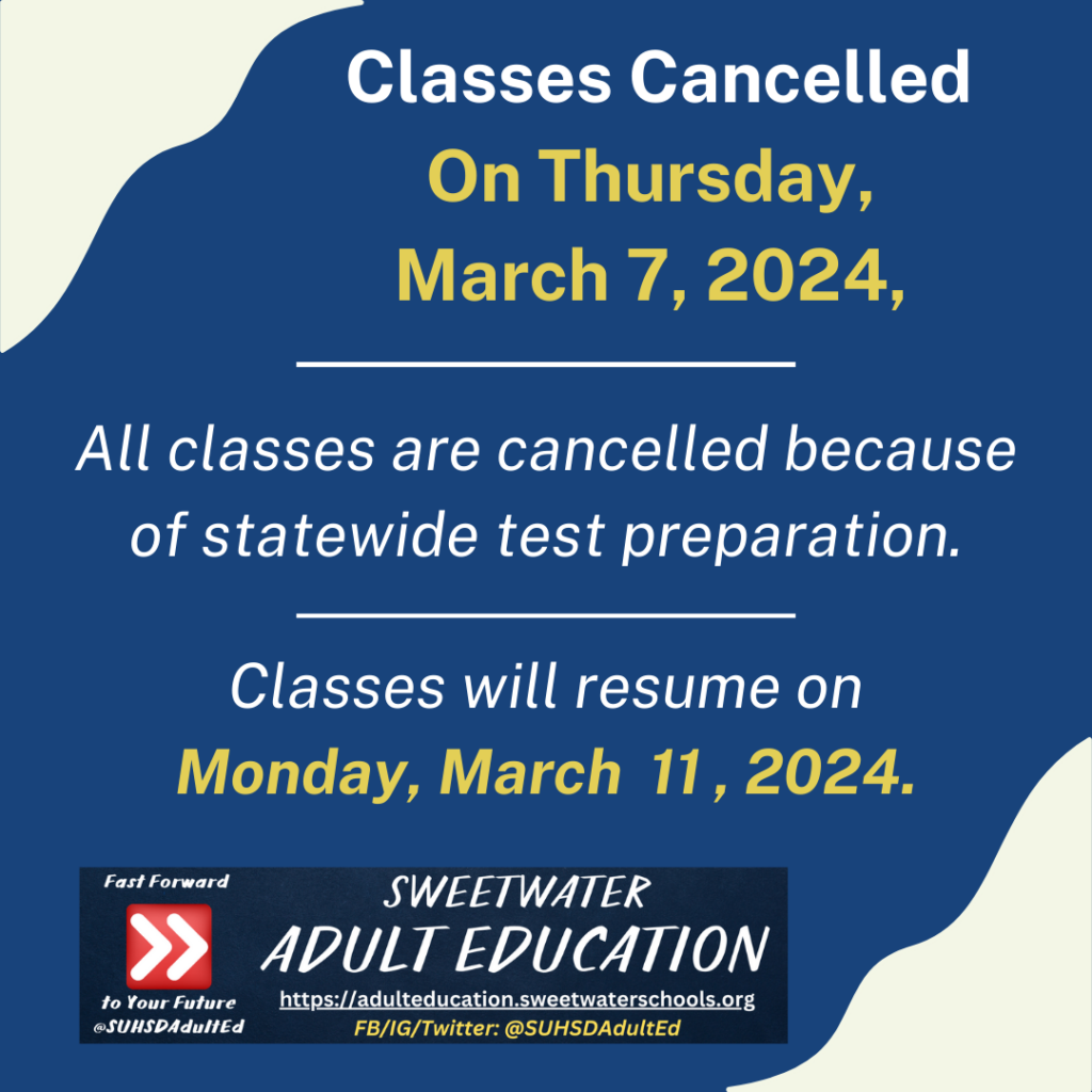 Classes will be cancelled on Thursday, March 7, 2024. Classes will resume on Monday, March 11, 2024.