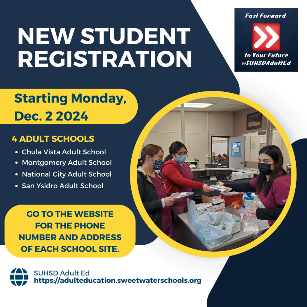 New student registration starts on Monday, December second, 2024. Visit our website at https://adulteducation.sweetwaterschools.org for the phone number and address of each school.