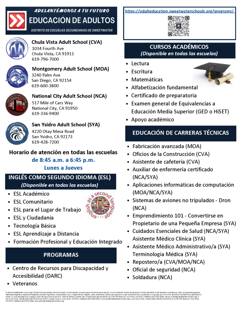 Flyer about all of our programs, school sites, and office hours.