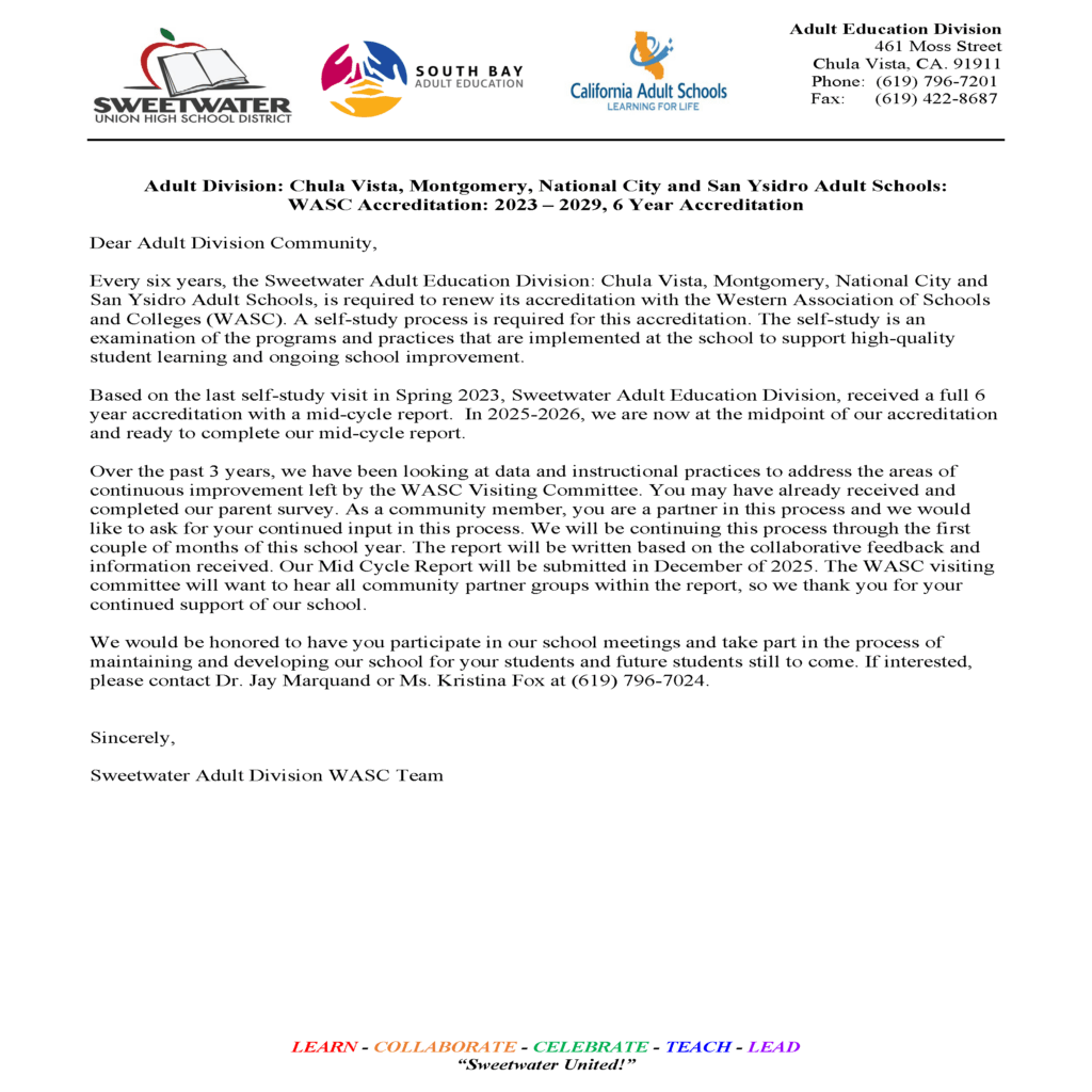 Letter to the community about our WASC accreditation and how the community can be involved. 