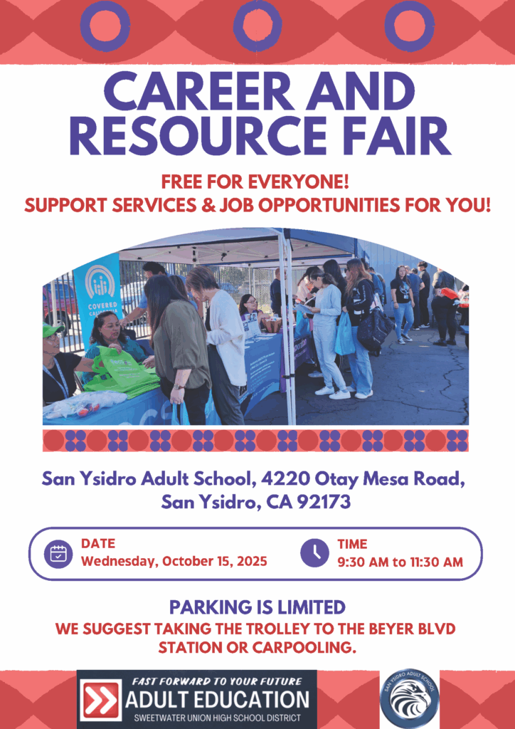 Career and Resource Fair flyer for the event on Wednesday, October 15, 2025 at 9:30 a.m. at San Ysidro Adult School