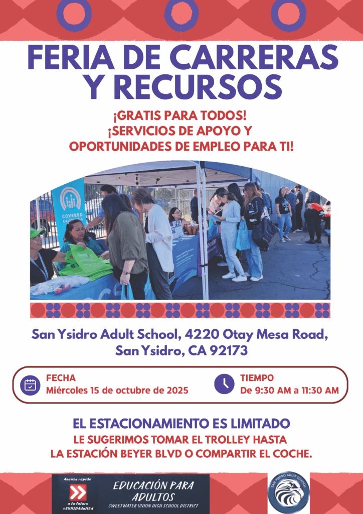 FREE EVENT - Open to Students and the Community! Join us at our 5th Annual SUHSD Adult Education Career and Resource Fair on Wednesday, October 15, 2025 from 9:30 to 11:30 a.m. Meet local employers, explore job openings, and discover support services available in our community. Don’t miss this chance to take a step toward your future. We look forward to seeing you there!